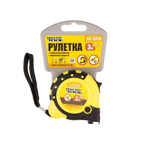 Купити Рулетка MASTERTOOL 3 м 16 мм з магнітами 2 фіксатори кнопка STOP покриття TPR нейлонове покриття
