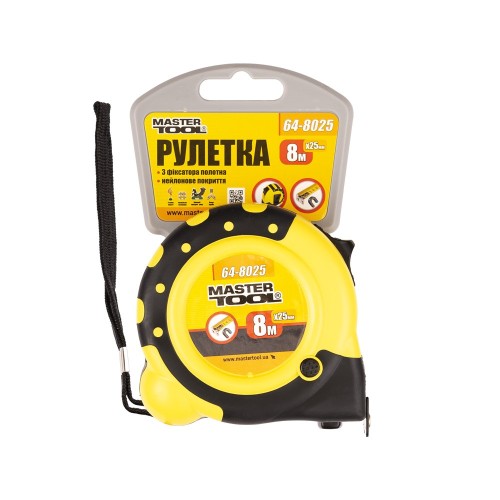 Купити Рулетка MASTERTOOL 8 м 25 мм з магнітами 2 фіксатори кнопка STOP покриття TPR нейлонове покриття