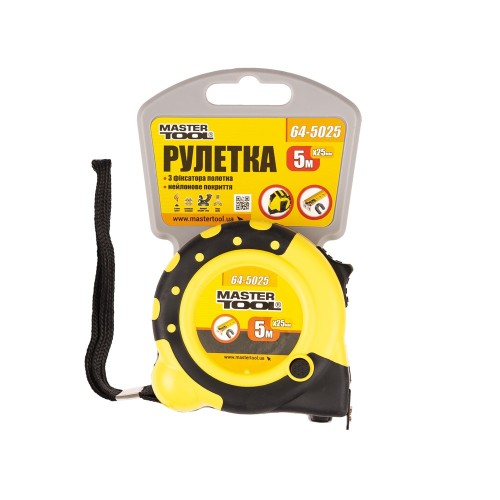 Купити Рулетка MASTERTOOL 5 м 25 мм з магнітами 2 фіксатори кнопка STOP покриття TPR нейлонове покриття